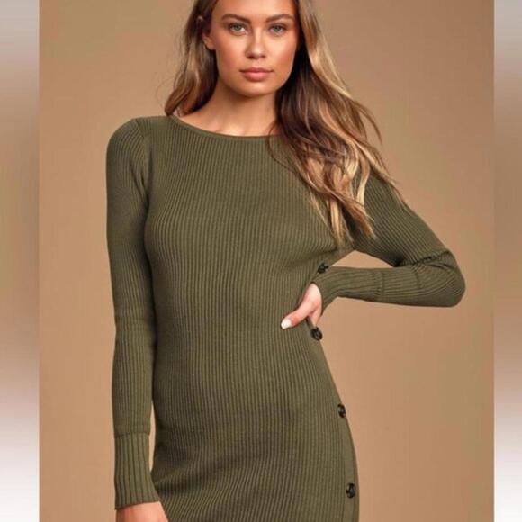 Khaki green ribbed knit mini dress with buttons and long sleeves - Picture 7 of 7